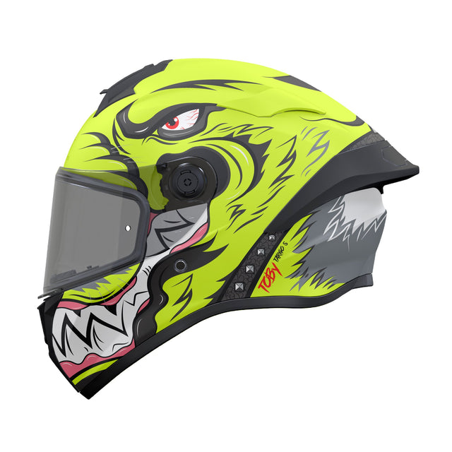 MT Targo S Toby C3 Matt Fluo Yellow Motorcycle Helmet Teeth Scary Birds Eye